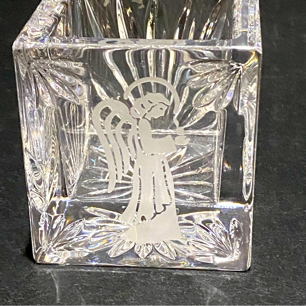 Waterford "Wedge Cut" Crystal Square Votive Candle Holder 3" Etched Angel Signed